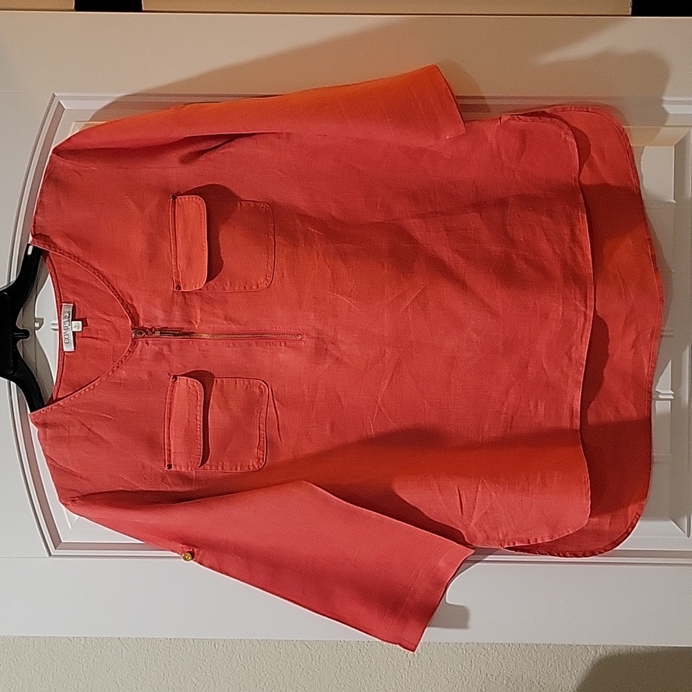linen roll-tab sleeves pockets half zip coral top